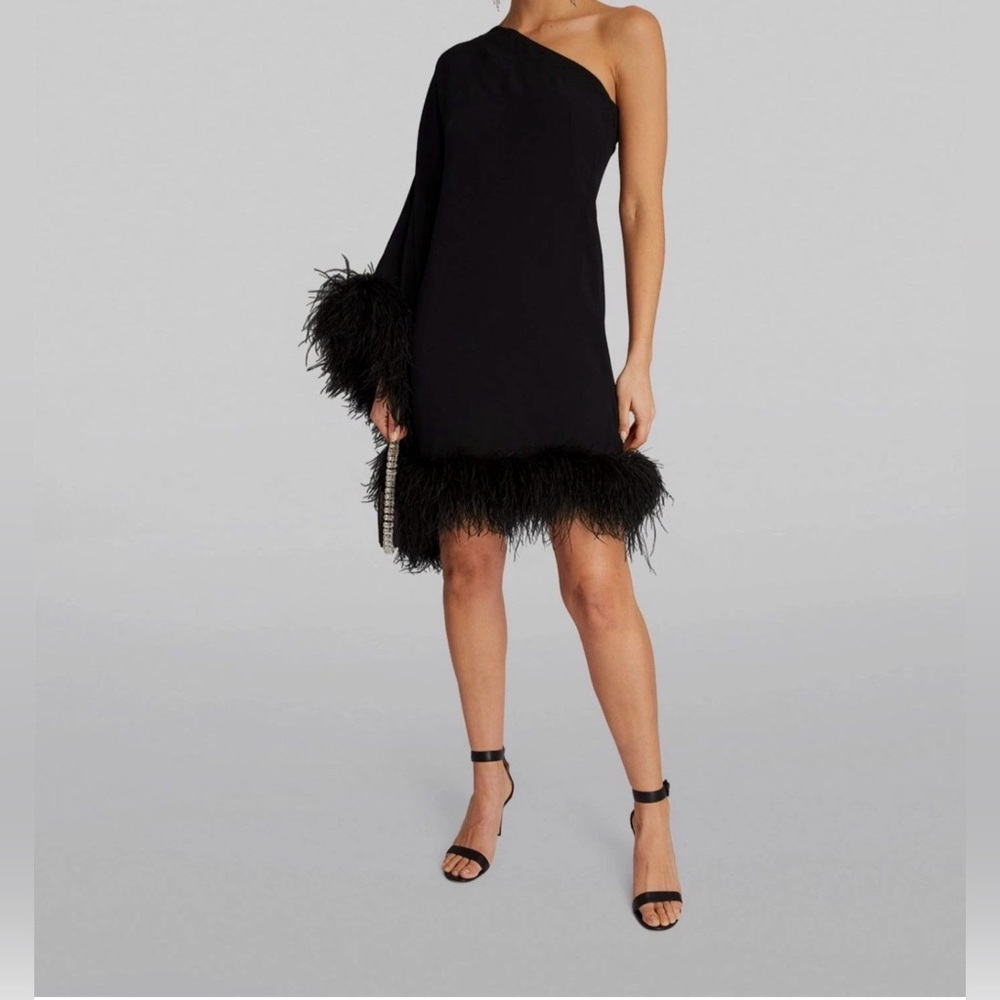 $1898 Cult Gaia Women's Black Feather Trim Asymmetrical Shift Dress Size XS